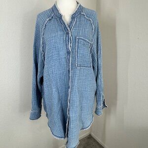 Aerie Oversized Blue Gauze Blouse Size M Button Up Long Sleeve Cotton India